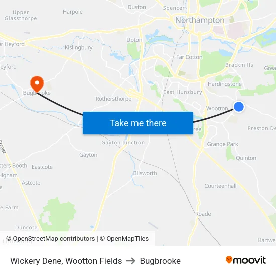 Wickery Dene, Wootton Fields to Bugbrooke map