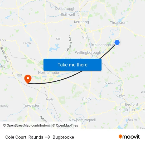 Cole Court, Raunds to Bugbrooke map