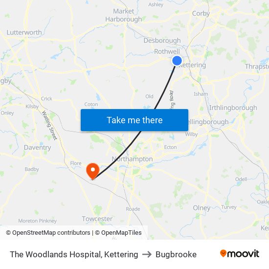 The Woodlands Hospital, Kettering to Bugbrooke map