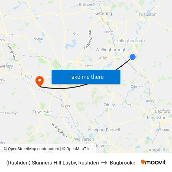 (Rushden) Skinners Hill Layby, Rushden to Bugbrooke map