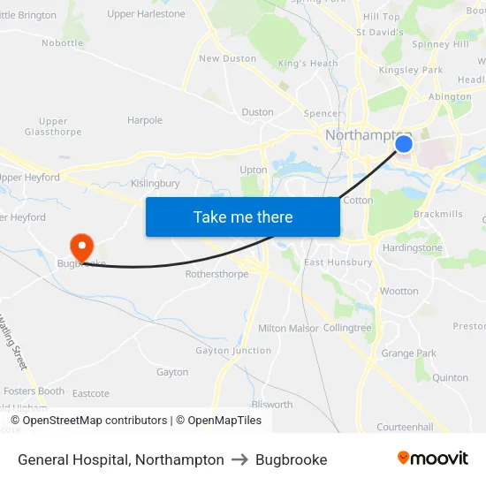 General Hospital, Northampton to Bugbrooke map