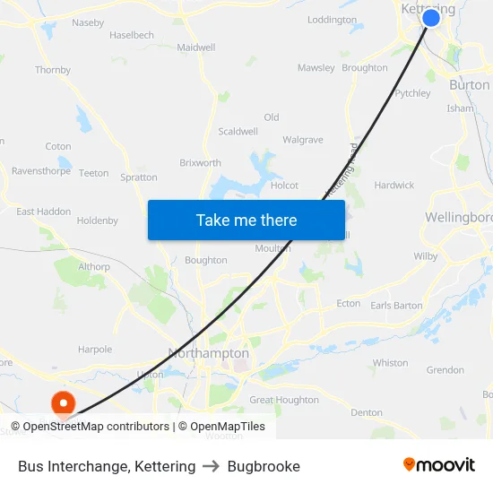 Bus Interchange, Kettering to Bugbrooke map
