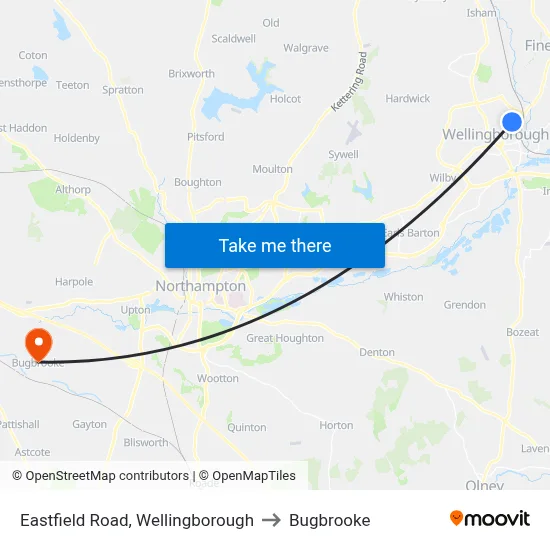 Eastfield Road, Wellingborough to Bugbrooke map
