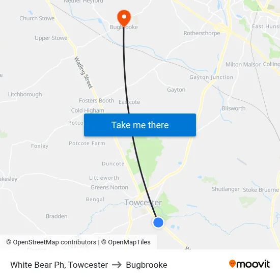 White Bear Ph, Towcester to Bugbrooke map