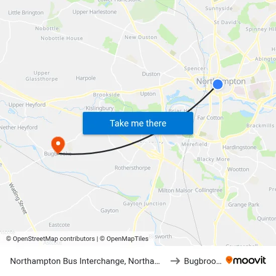 Northampton Bus Interchange, Northampton to Bugbrooke map