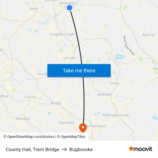 County Hall, Trent Bridge to Bugbrooke map