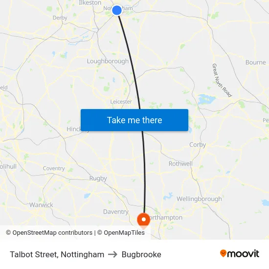 Talbot Street, Nottingham to Bugbrooke map