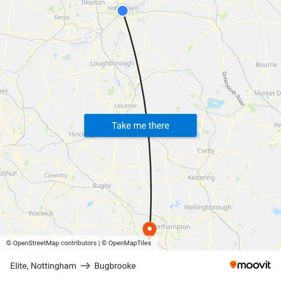 Elite, Nottingham to Bugbrooke map