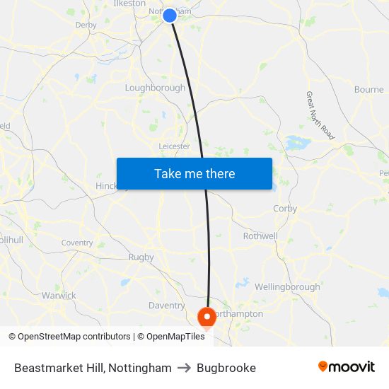 Beastmarket Hill, Nottingham to Bugbrooke map