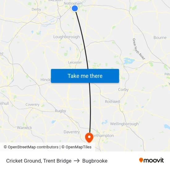 Cricket Ground, Trent Bridge to Bugbrooke map