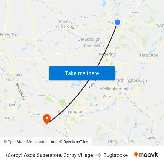 (Corby) Asda Superstore, Corby Village to Bugbrooke map