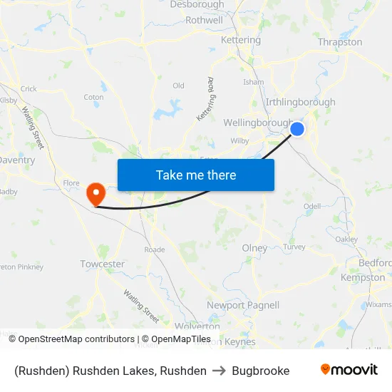 (Rushden) Rushden Lakes, Rushden to Bugbrooke map