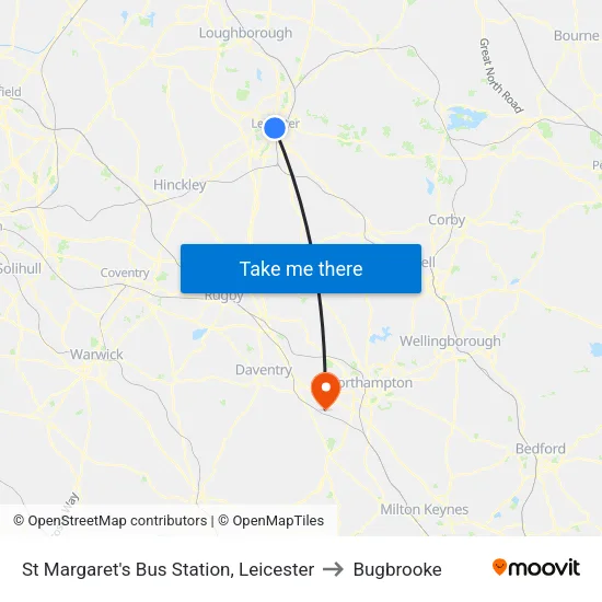 St Margaret's Bus Station, Leicester to Bugbrooke map