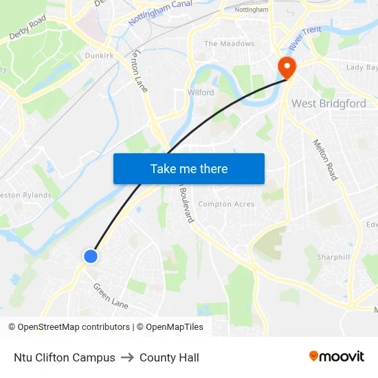 Ntu Clifton Campus to County Hall map