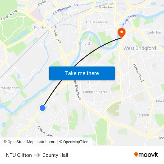 NTU Clifton to County Hall map