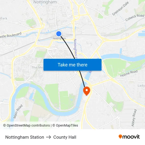 Nottingham Station to County Hall map