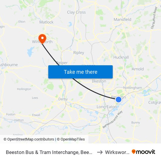 Beeston Bus & Tram Interchange, Beeston to Wirksworth map