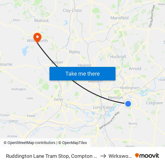 Ruddington Lane Tram Stop, Compton Acres to Wirksworth map
