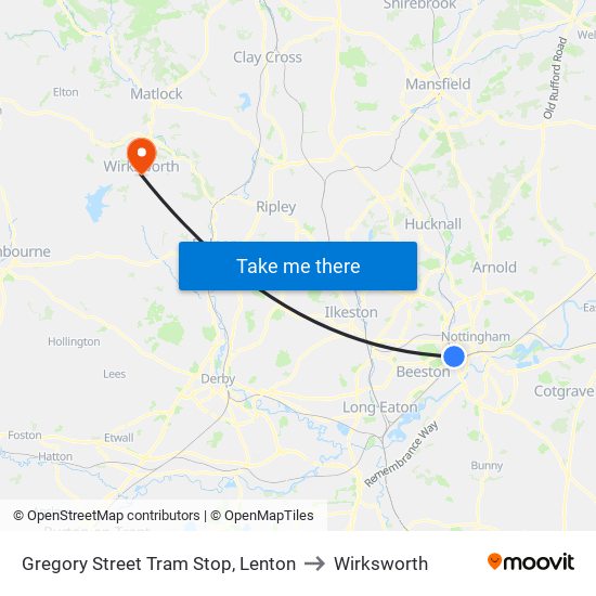 Gregory Street Tram Stop, Lenton to Wirksworth map