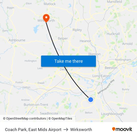 Coach Park, East Mids Airport to Wirksworth map