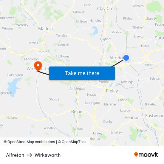 Alfreton to Wirksworth map