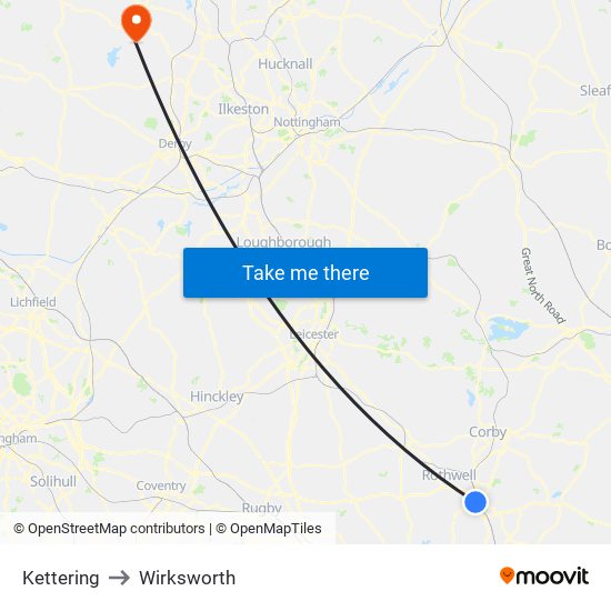 Kettering to Wirksworth map