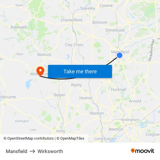 Mansfield to Wirksworth map