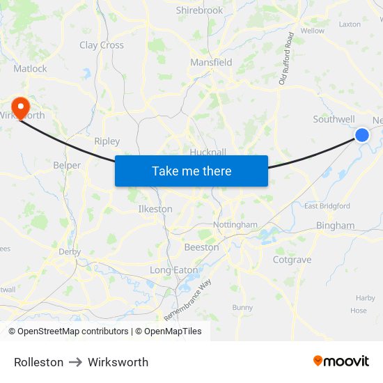 Rolleston to Wirksworth map