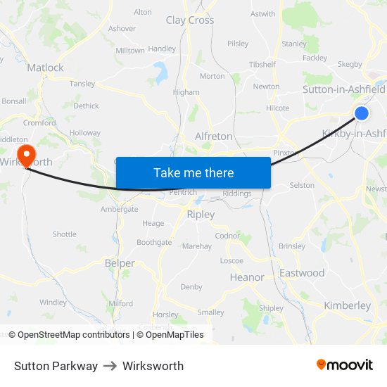 Sutton Parkway to Wirksworth map