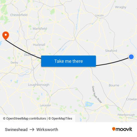 Swineshead to Wirksworth map