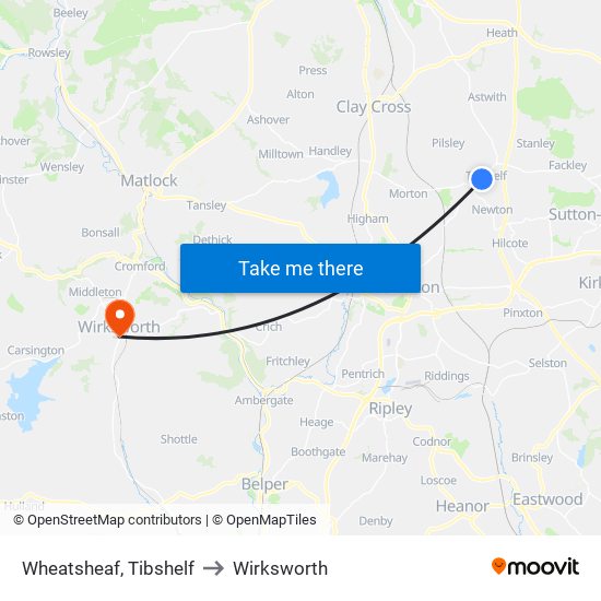 Wheatsheaf, Tibshelf to Wirksworth map