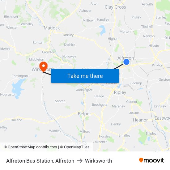 Alfreton Bus Station, Alfreton to Wirksworth map