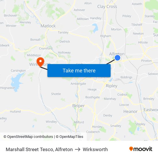 Marshall Street Tesco, Alfreton to Wirksworth map