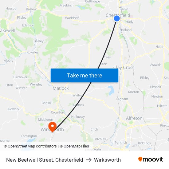 New Beetwell Street, Chesterfield to Wirksworth map