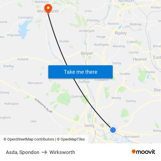 Asda, Spondon to Wirksworth map