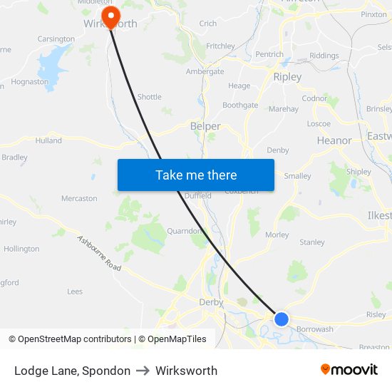 Lodge Lane, Spondon to Wirksworth map