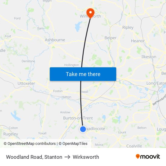 Woodland Road, Stanton to Wirksworth map