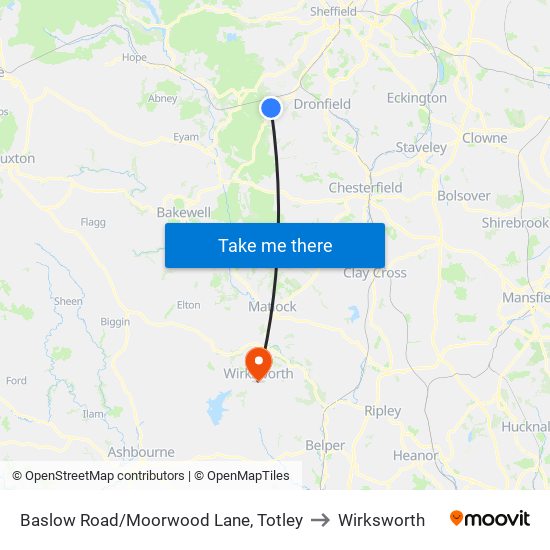 Baslow Road/Moorwood Lane, Totley to Wirksworth map