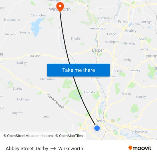 Abbey Street, Derby to Wirksworth map