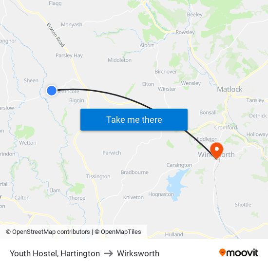 Youth Hostel, Hartington to Wirksworth map