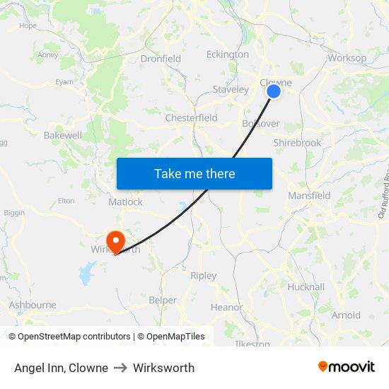 Angel Inn, Clowne to Wirksworth map
