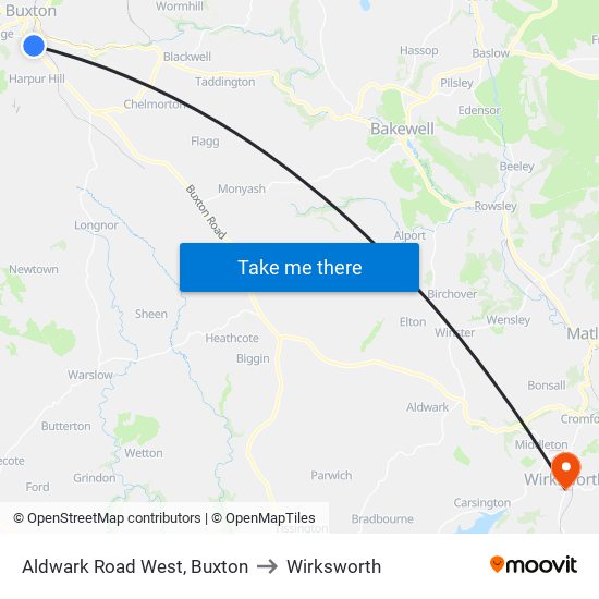 Aldwark Road West, Buxton to Wirksworth map