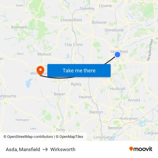 Asda, Mansfield to Wirksworth map