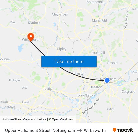 Upper Parliament Street, Nottingham to Wirksworth map
