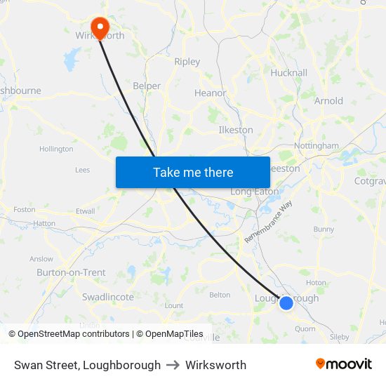 Swan Street, Loughborough to Wirksworth map