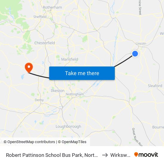 Robert Pattinson School Bus Park, North Hykeham to Wirksworth map