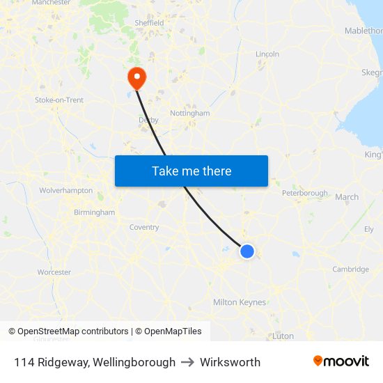 114 Ridgeway, Wellingborough to Wirksworth map
