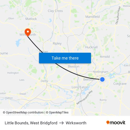 Little Bounds, West Bridgford to Wirksworth map