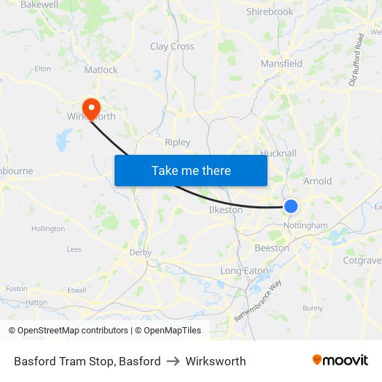 Basford Tram Stop, Basford to Wirksworth map