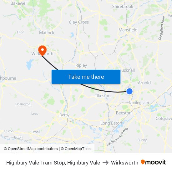 Highbury Vale Tram Stop, Highbury Vale to Wirksworth map